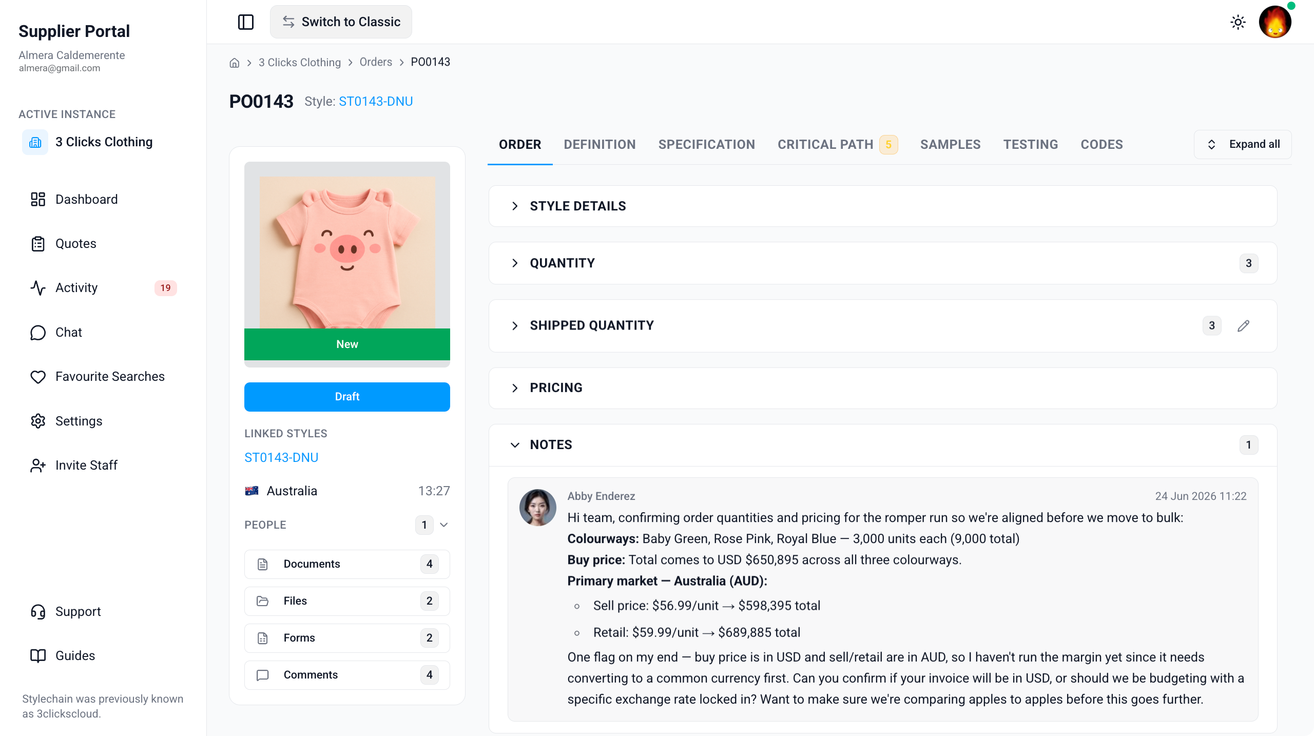 Supplier Portal > Orders > Notes