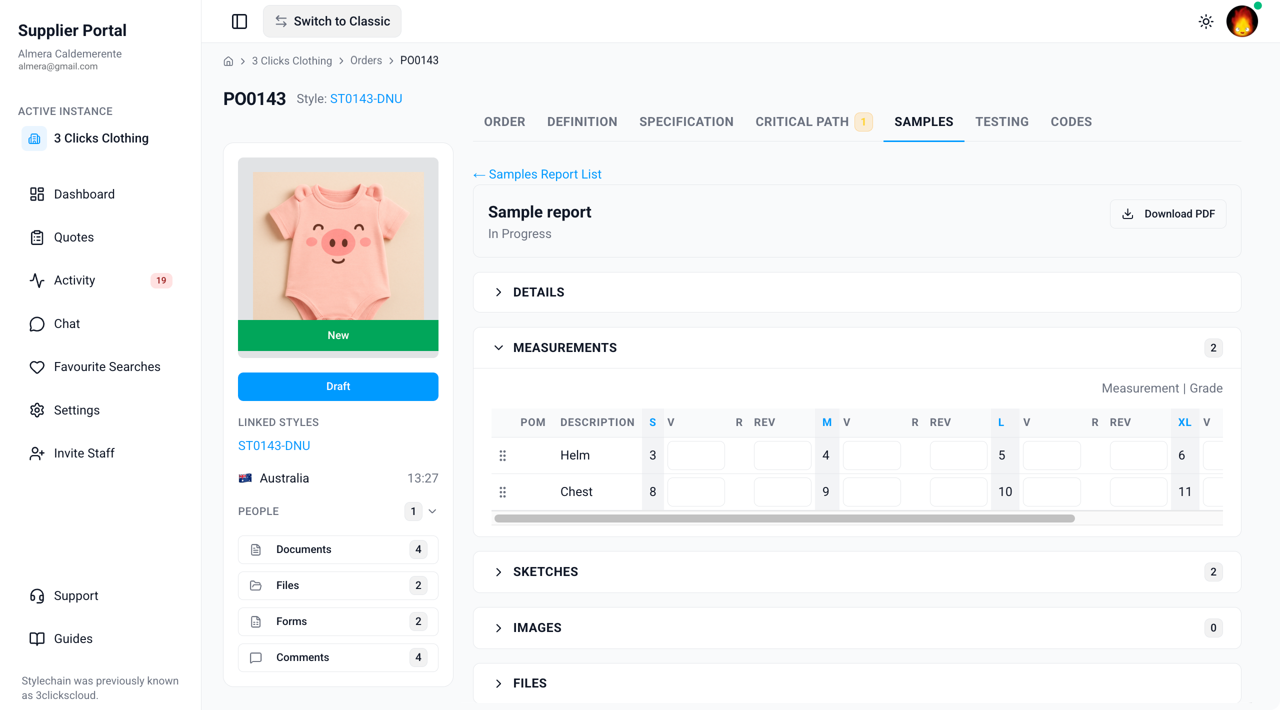 Supplier Portal > Order > Samples > Edit Sample Report