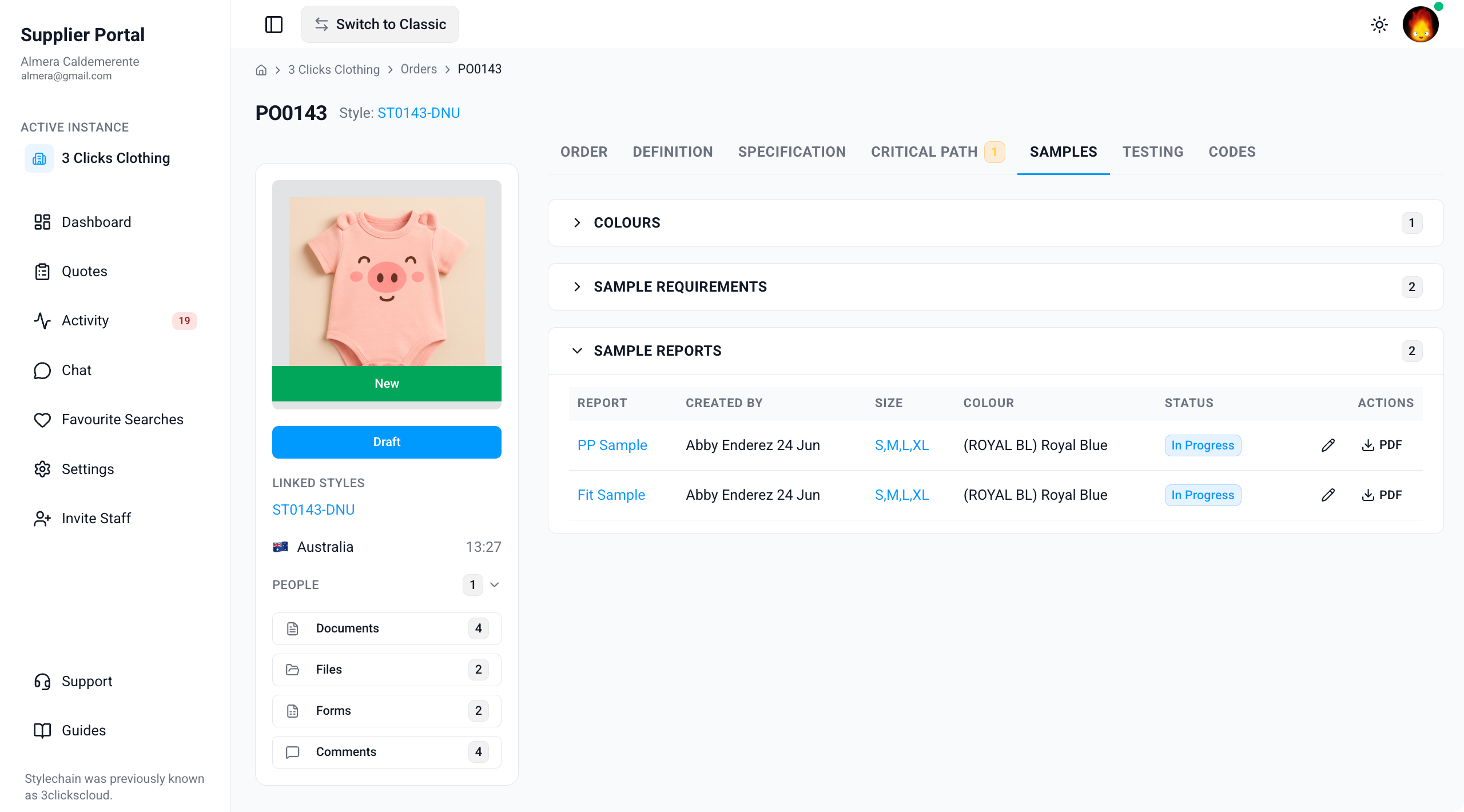 Supplier Portal > Order > Samples > Sample Reports