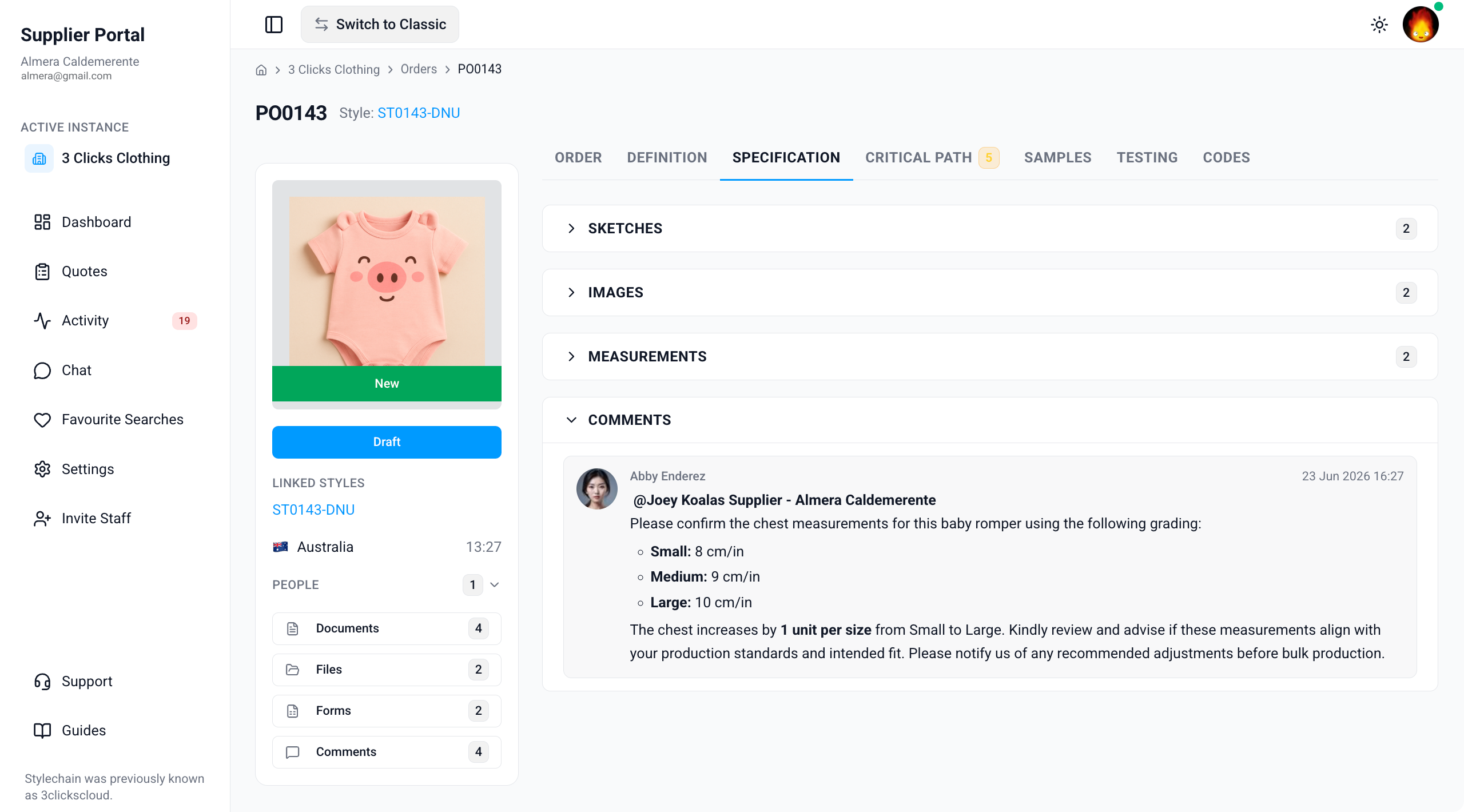 Supplier Portal > Order > Specification > Comments