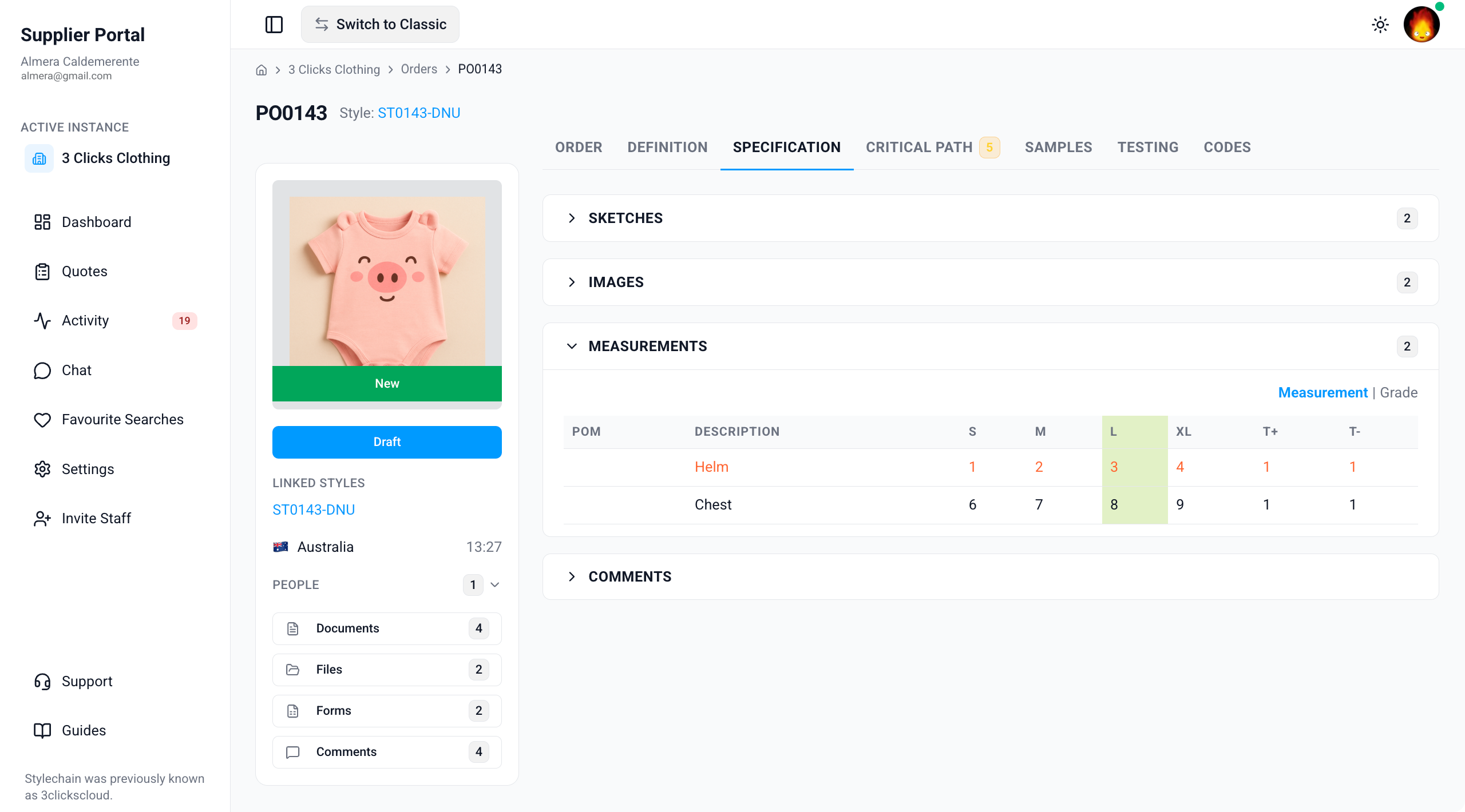 Supplier Portal > Order > Specification > Measurements
