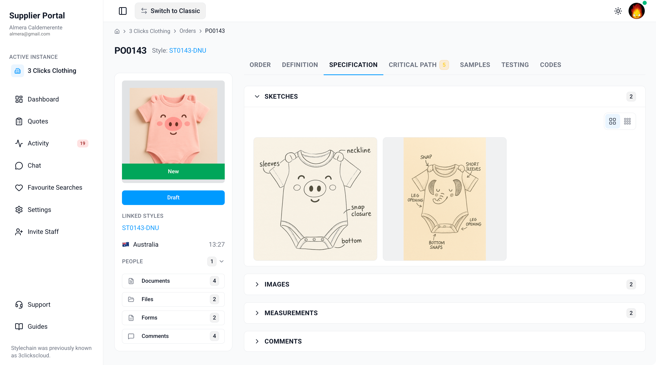 Supplier Portal > Order > Specification > Sketches