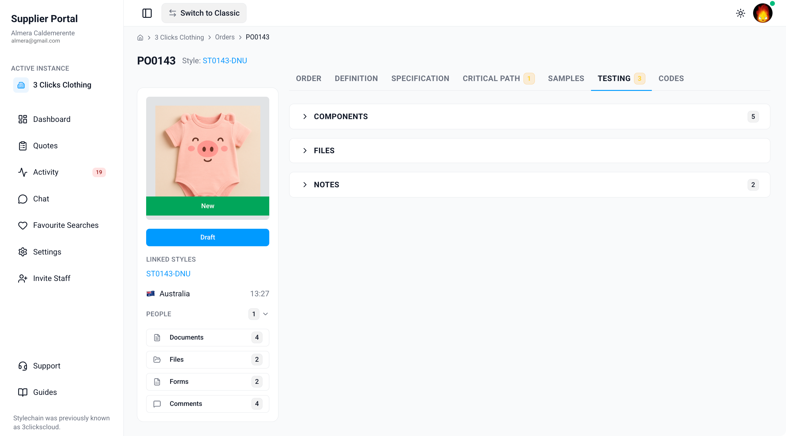 Supplier Portal > Order > Testing