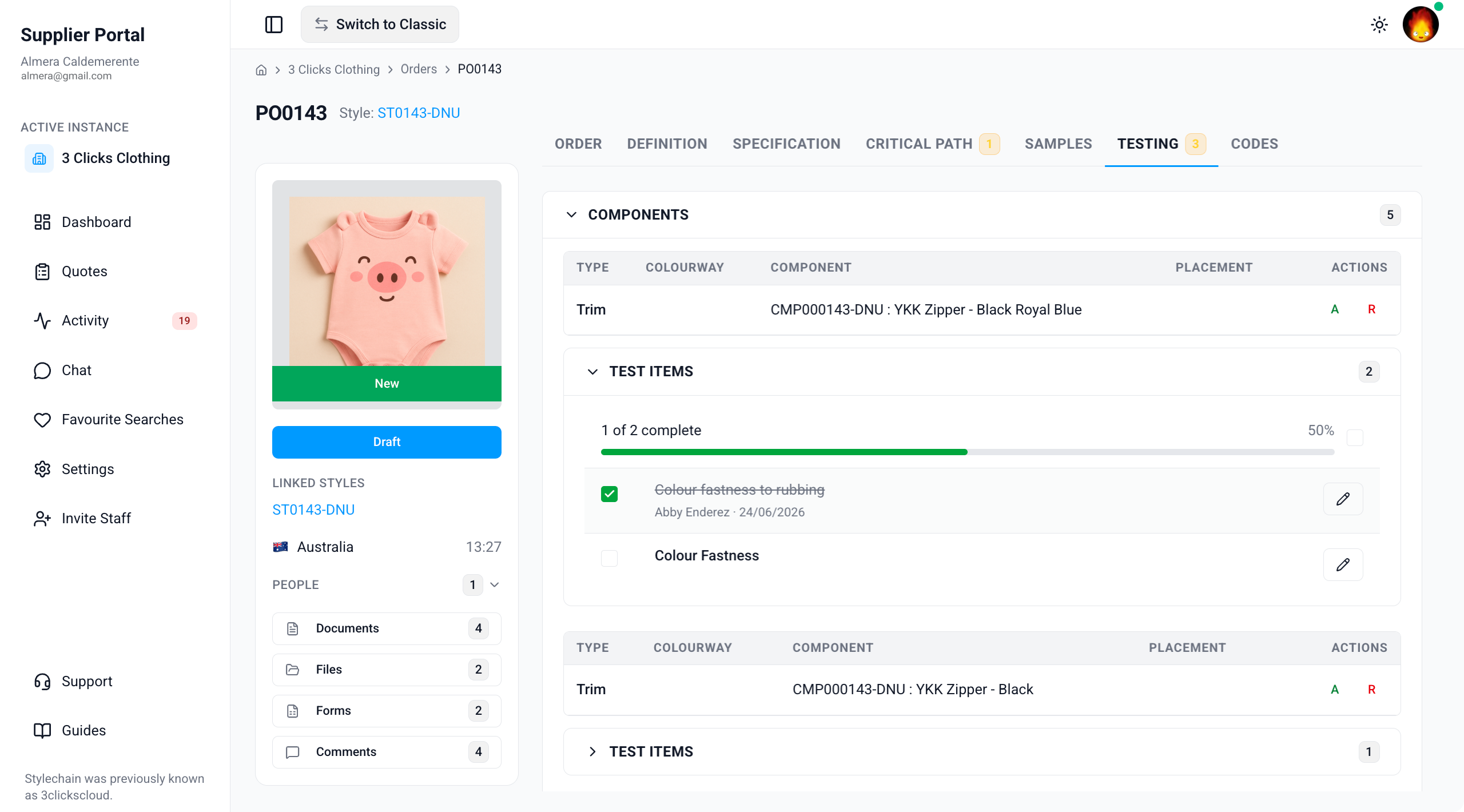 Supplier Portal > Order > Testing > Components