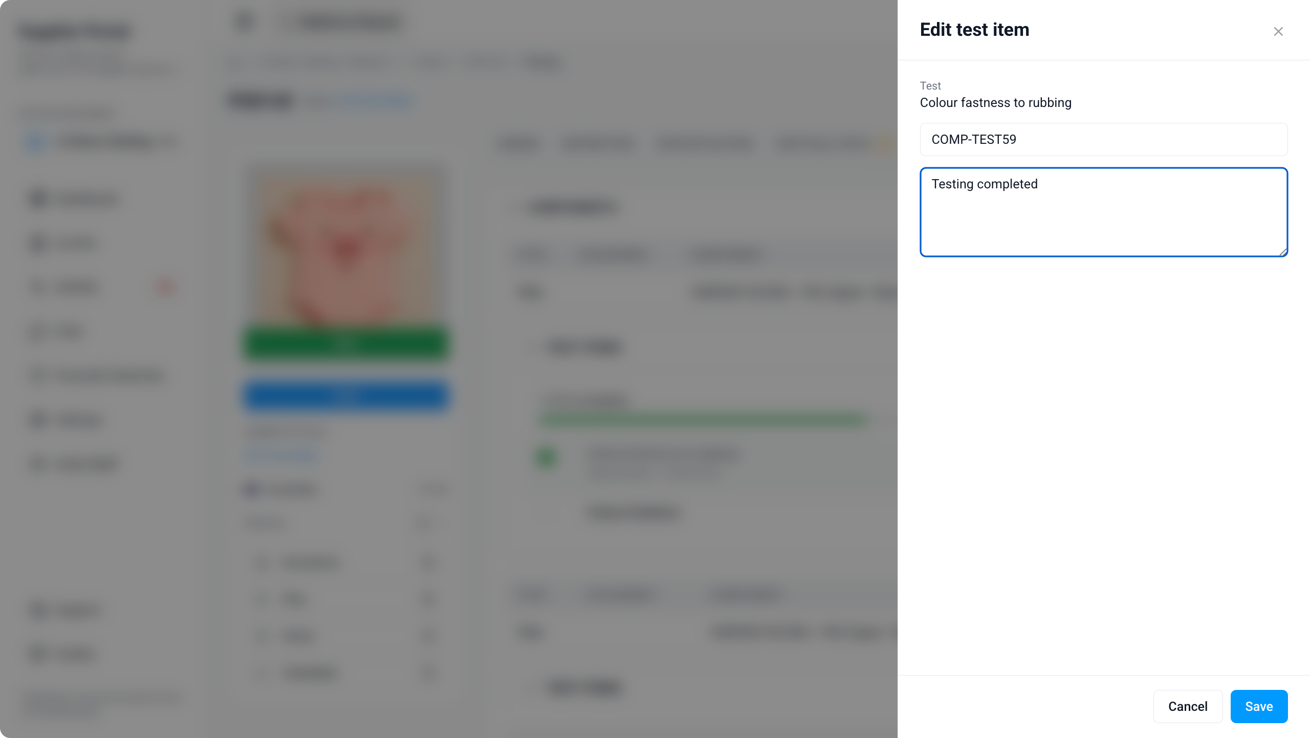 Supplier Portal > Order > Testing > Edit Test Item