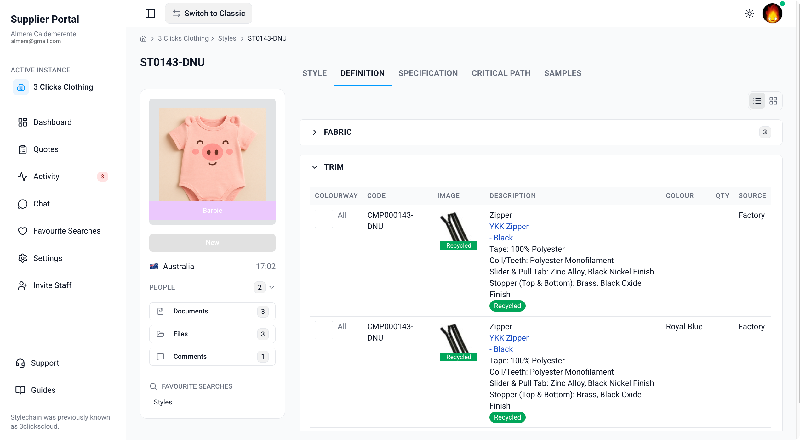 Supplier Portal > Style > Definition
