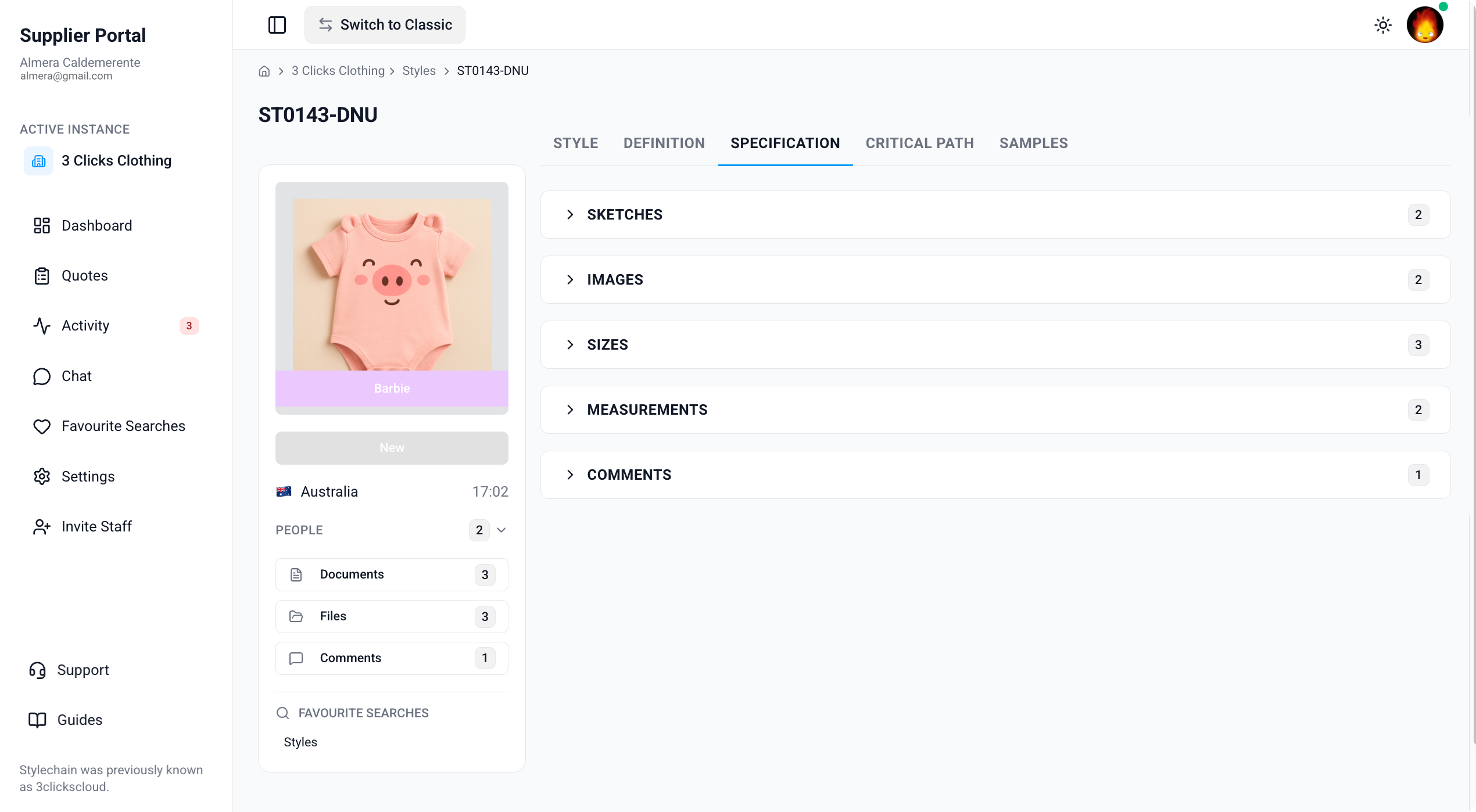 Supplier Portal > Style > Specification