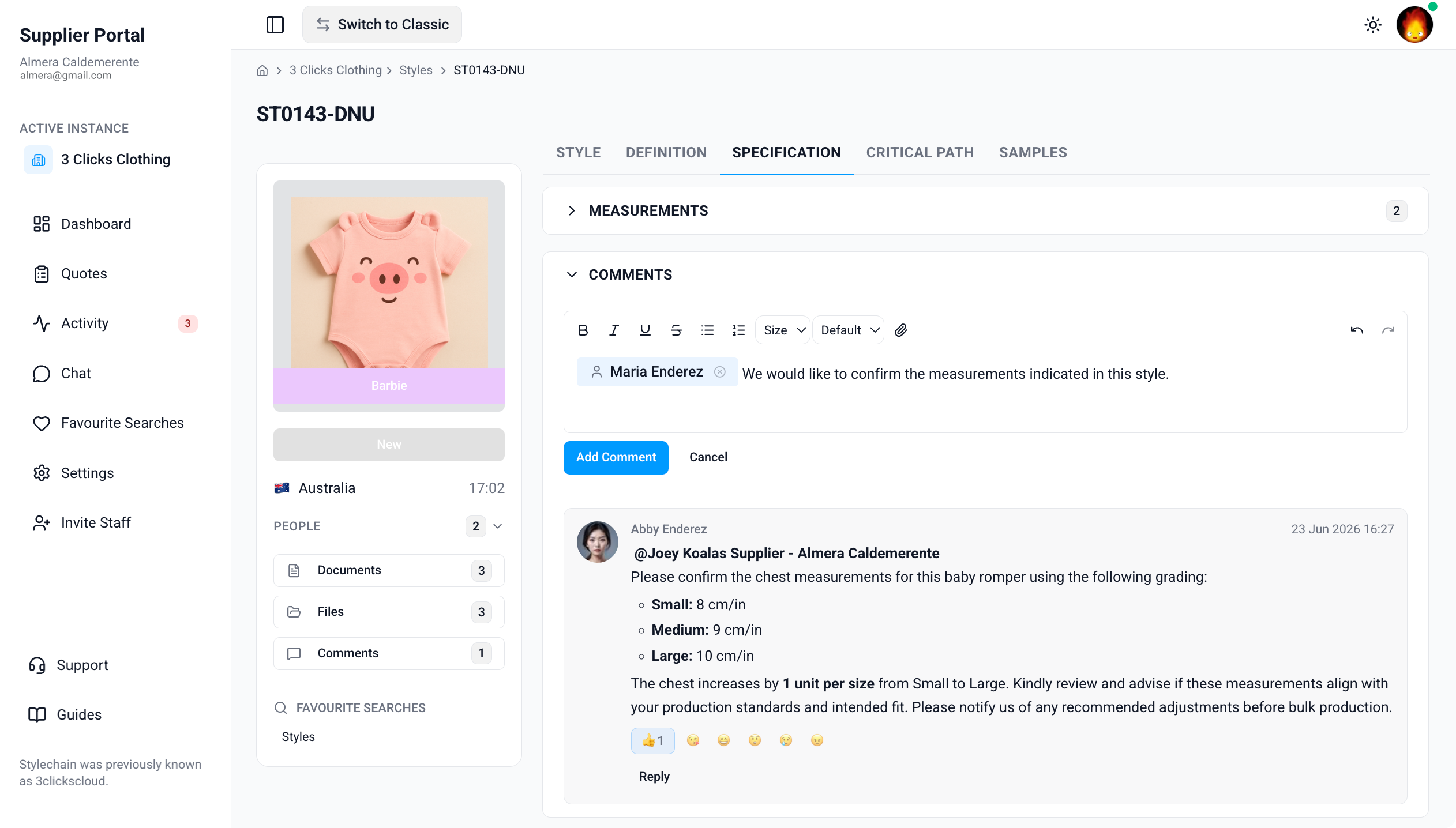 Supplier Portal > Style > Specification > Comments
