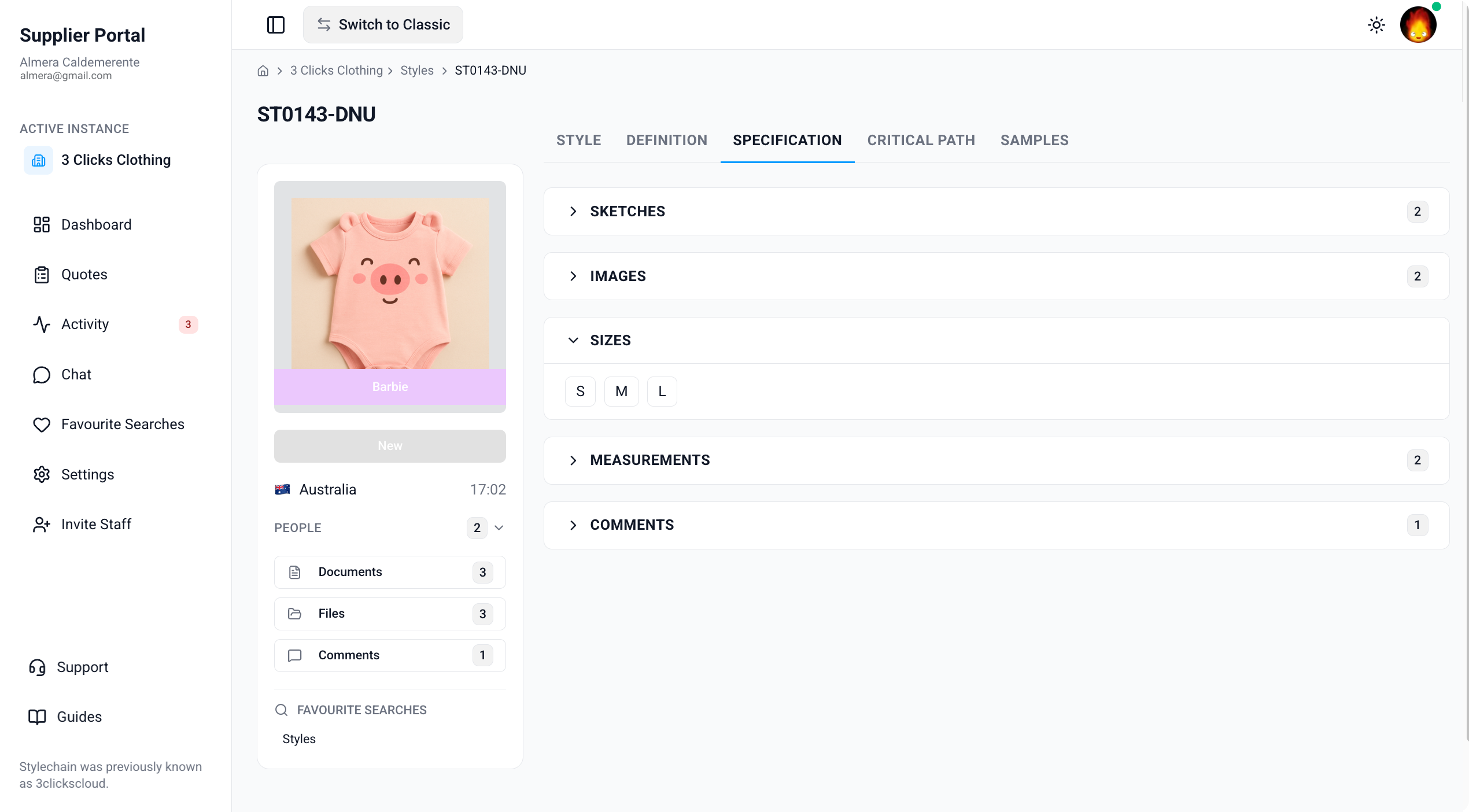Supplier Portal > Style > Specification > Sizes