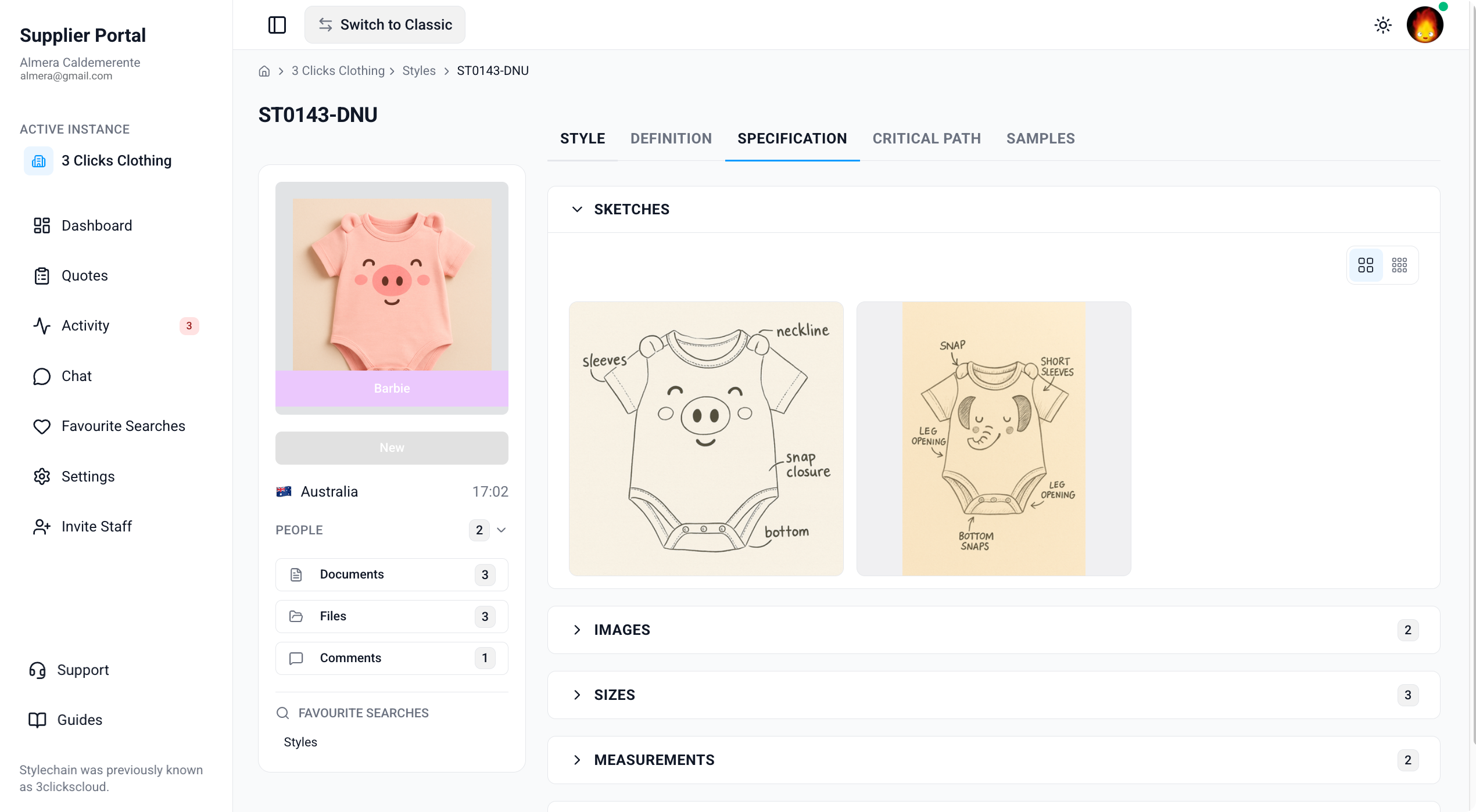 Supplier Portal > Style > Specification > Sketches
