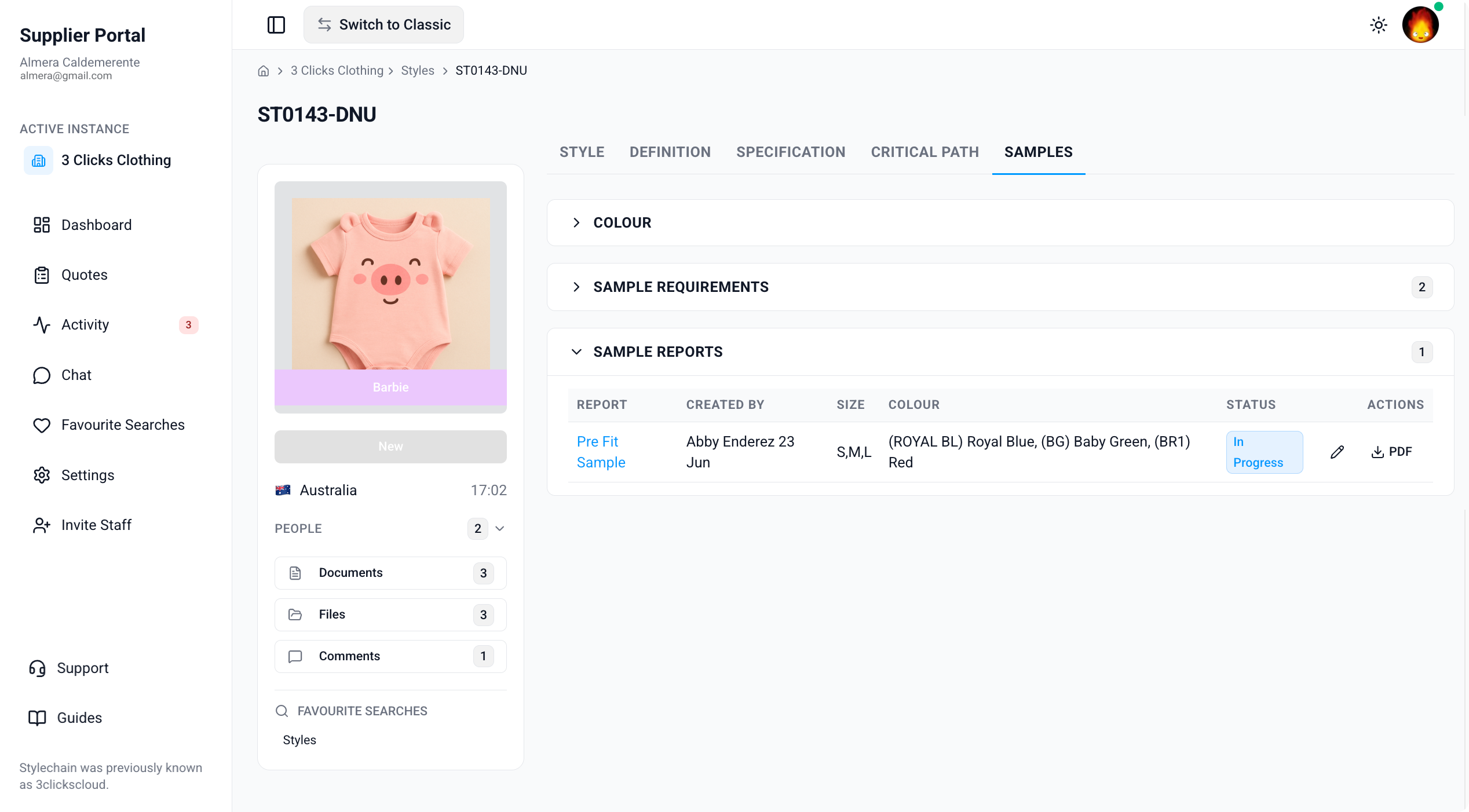 Supplier Portal > Style > Samples > Sample Reports